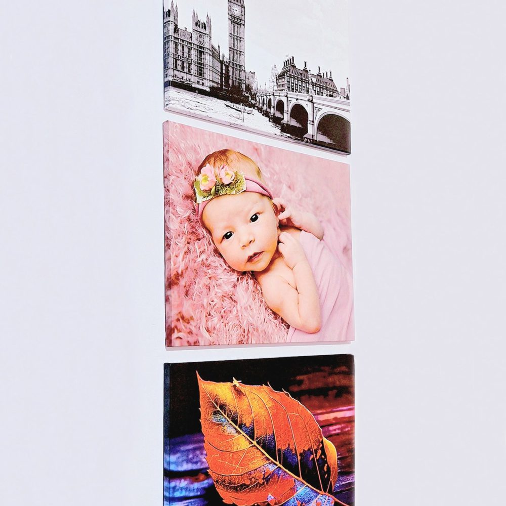 Turn your photos into timeless wall art with canvas or wood prints. Stretched canvas or block-mounted wooden panels available.